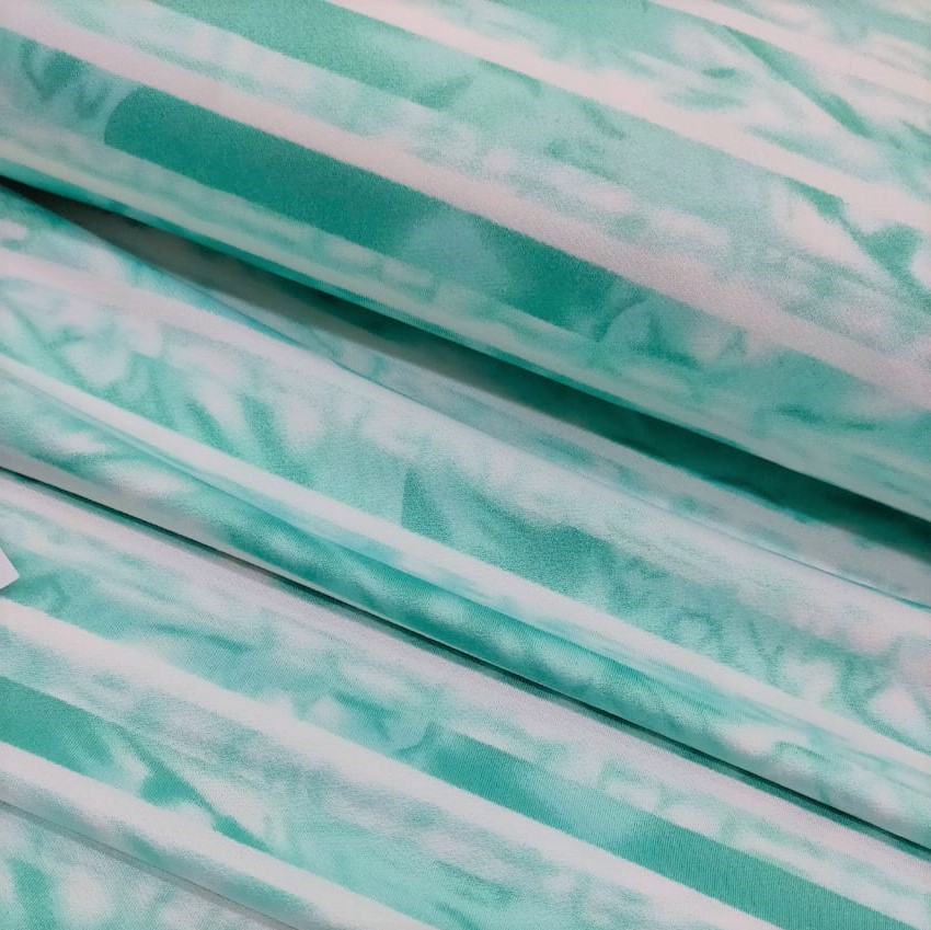 Pictorial Stripes (Aqua) Print On Mango Crepe Fabric