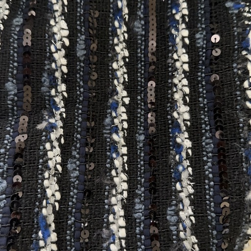 Black Blue Sequins Boucle Tweed Fabric