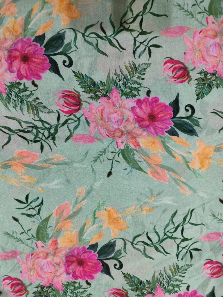 Green Base Floral Print On Shushi Voile