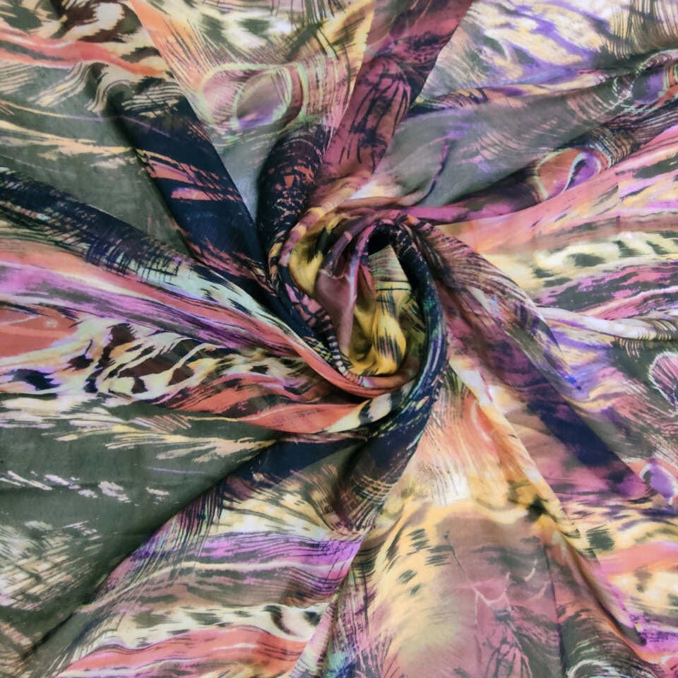 Peacock Feathers Print On Silk Chiffon S23-SCPS252