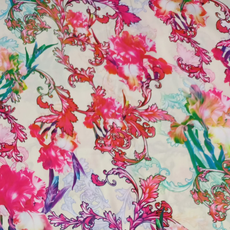 White Base Flower Print On Korean Satin S23 KSPS114