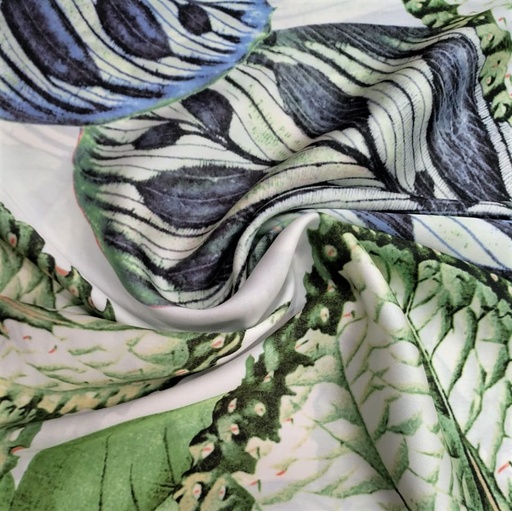 Green & Blue Tropical Print On 50D Satin Dyed Fabric