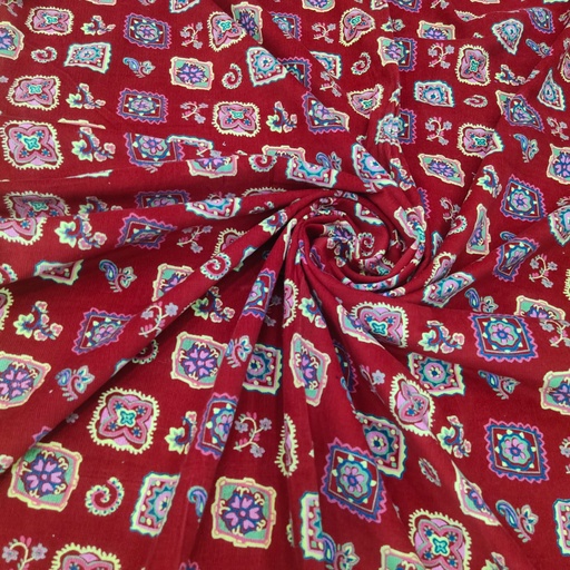 Red Ethnic Print On Cotton Corduroy Fabric