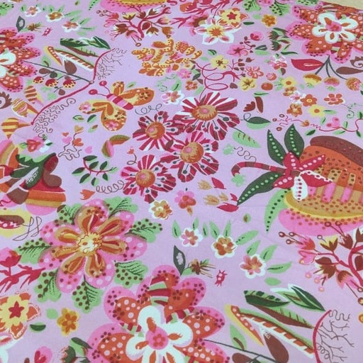 Pink Floral Print On Cotton Corduroy Fabric