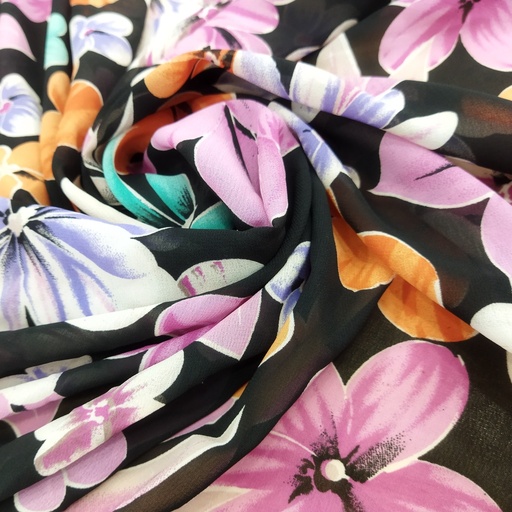 Black Base Multi Colour Floral Print On Georgette