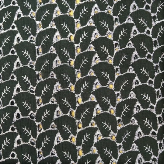 Black Cotton White Tropical Embroidered Fabric