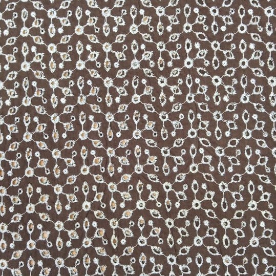 Brown Cotton Art White Embroidered Fabric
