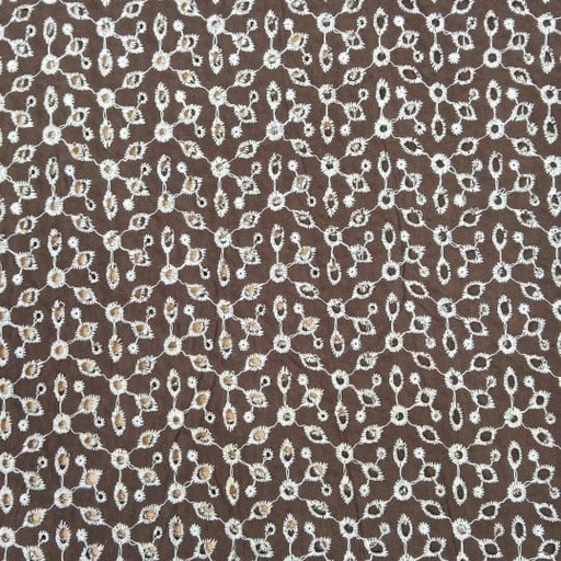 Brown Cotton Art White Embroidered Fabric