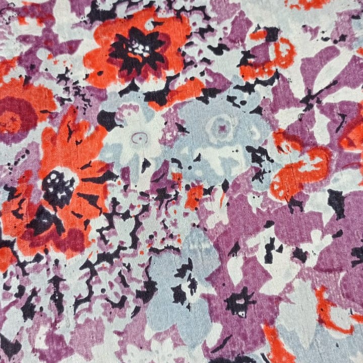 Abstract Flower Print On Dupion Silk