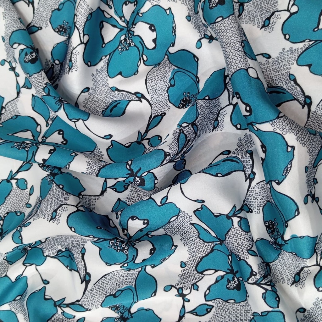 Blue Flower Print On Korean Satin SS22N KSPB67