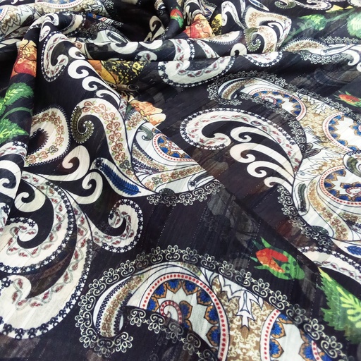 Black Henna Art Print on Chiffon Lurex